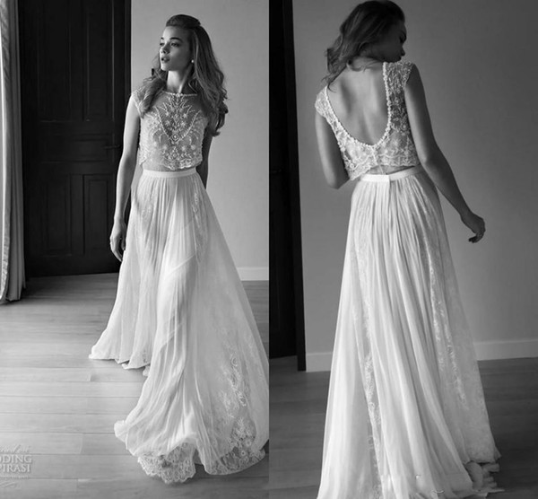 Wedding Dresses Two Piece Sweetheart Sleeveless Low Back Pearls Beading Sequins Lace Chiffon Beach Boho Bohemian Wedding Gowns