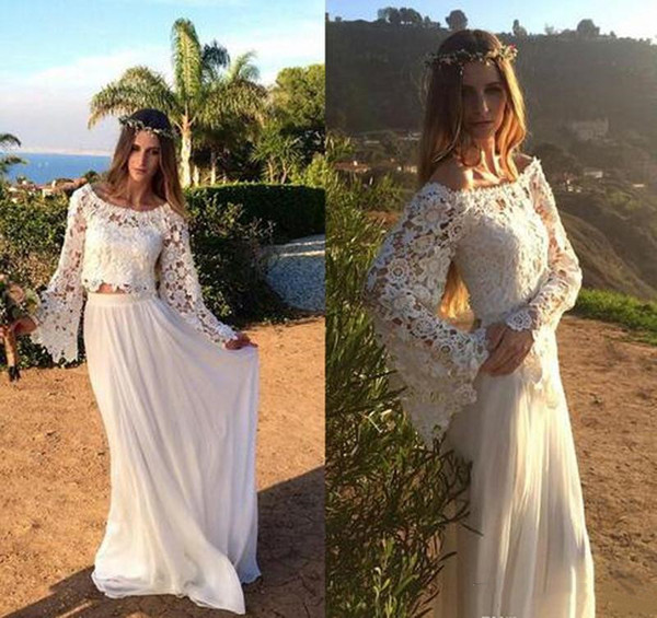 Vintage Bohemian Lace Off Shoulder A-line Wedding Dresses Boho Beach Long Sleeve Two-Pieces Chiffon Bridal Gowns Custom Made