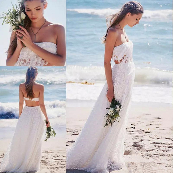 Strapless Backless Full Lace Romantic A-line Wedding Dress Long Vestido De Novia Strapless Beach Bridal Gowns Robe De Mariage