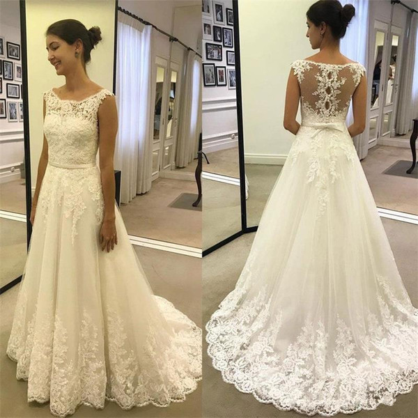 New Simple A Line Long Wedding Dresses Scoop Neck Lace Applique Bow Pearl Wedding Dress Bridal Gowns