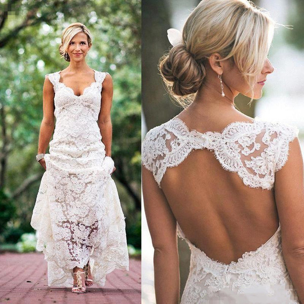 Vintage Full Lace Beach Wedding Dresses Party Sleeveless Keyhole Back V Neck A Line Elegant Custom Made Bridal Gowns