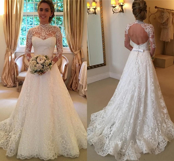 Vintage Novia Lace Wedding Dresses High Neck Long Illusion Sleeves Wedding Gowns Hollow Back Bow With Sweep Train