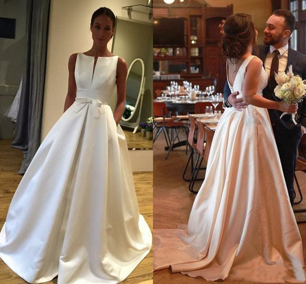 Elegant Satin A Line Wedding Dresses Sleeveless Keyhole V Back Sash Pockets Pleats Sweep Long Plus Size Bridal Gowns