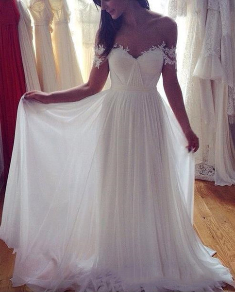 Boho Beach Wedding Dresses A Line Off Shoulder Bridal Gowns With Lace Chiffon Backless Wedding Gowns