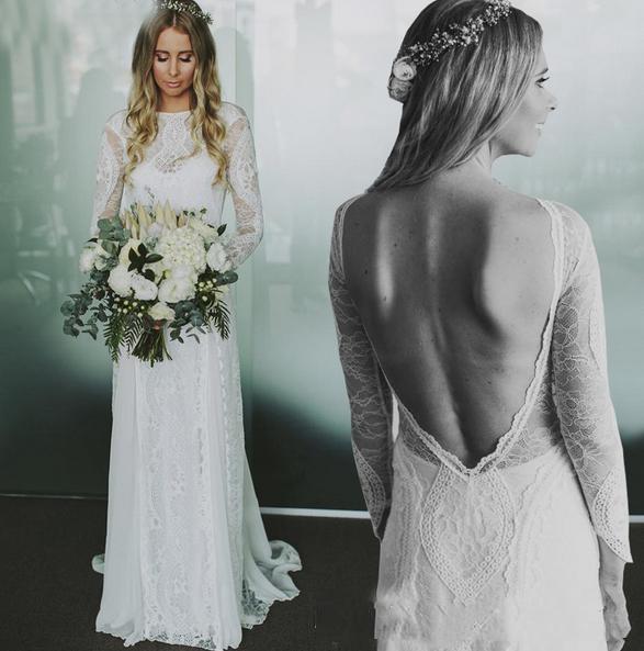 Sexy Backless Lace Long Sleeves A Line Wedding Dresses Applique Jewel Neck Vintage Country Bridal Gowns Custom Made Cheap