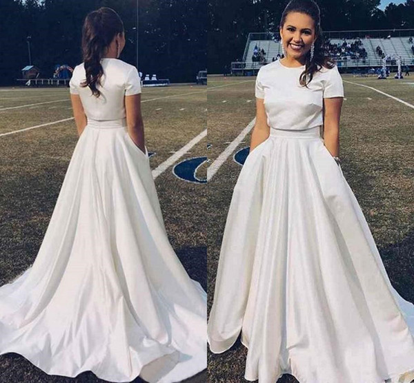Two Piece Satin A-line Wedding Dresses Jewel Neck Short Sleeve Simple Design Country Garden Bridal Gowns Wedding