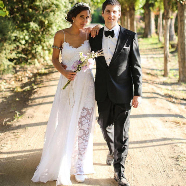 New A Line Bohemian Wedding Dresses Spaghetti Straps Lace Chiffon Summer Beach Backless Plus Size Boho Cheap Bridal Gowns