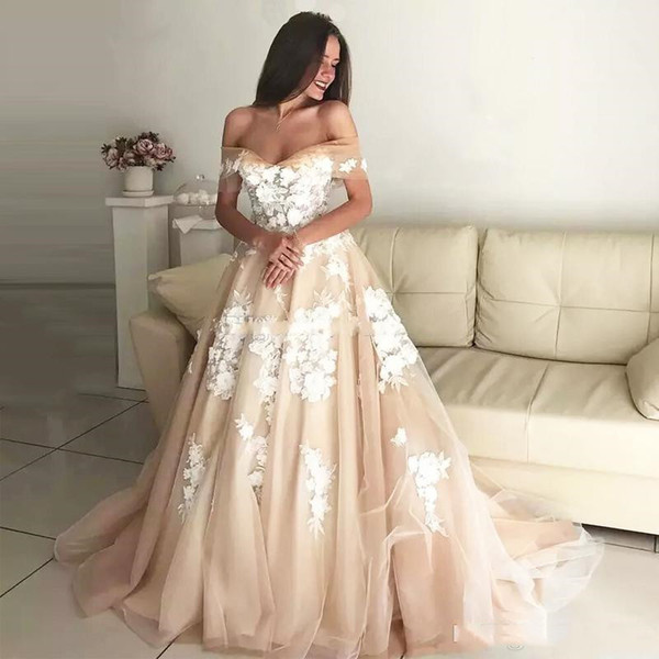 Elegant A Line Champagne Wedding Dresses Off Shoulder Appliques Tulle Lace Up Back Plus Size Bridal Gowns