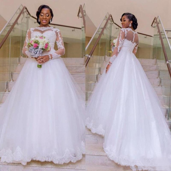 Plus Size A-Line White Tulle Lace Applique Sheer Long Sleeve Plus Size Nigerian Wedding Dresses White Organza Bridal Gowns 