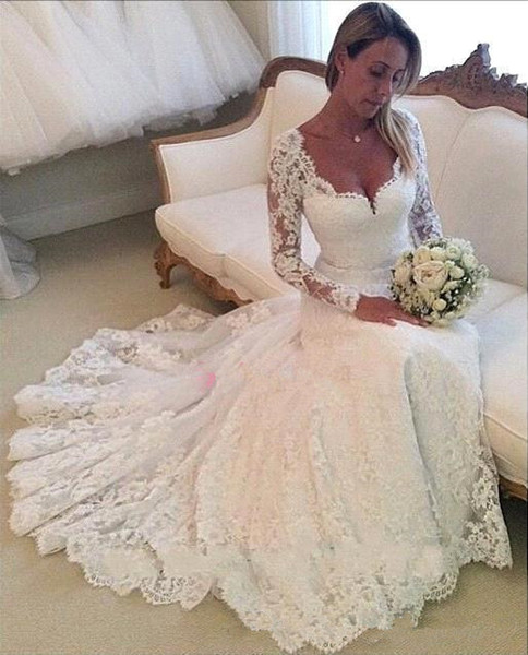 Newest Romantic Lace Wedding Dresses Custom Made Sweetheart Long Sleeves Open Back Chapel Bridal Gowns Plus Size