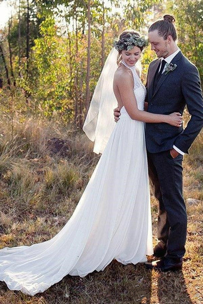 Spring Summer Boho A Line Wedding Dresses Halter Neck Sexy Open Back Chiffon Lace Western Country Wedding Bridal Gowns Cheap