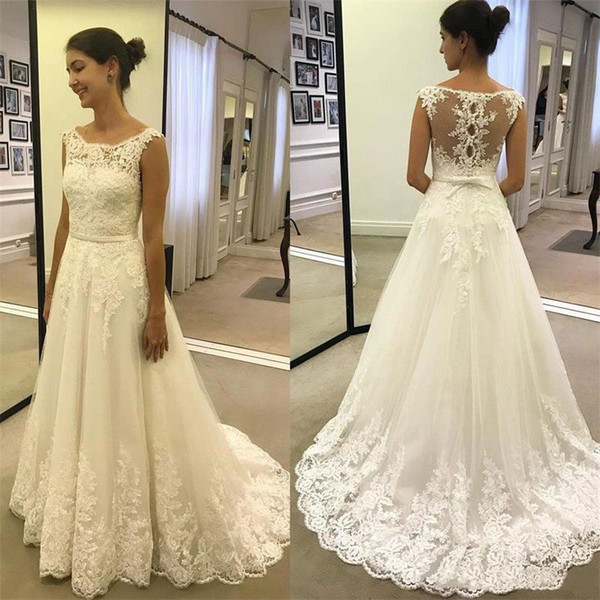 Simple A Line Long Wedding Dresses New Scoop Neck Lace Applique Bow Pearl Wedding Dress Bridal Gowns Custom Made