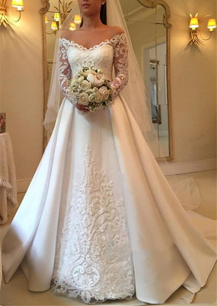 Long Sleeves Wedding Dresses A-Line Off Shoulder Elegant Lace Appliques Buttons Back Wedding Bridal Gowns Vestido De Noiva