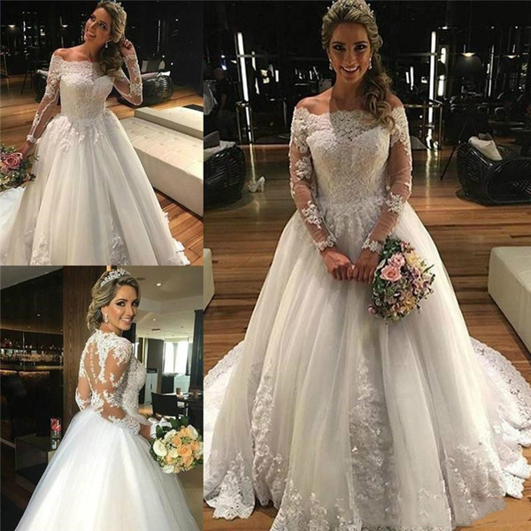 Elegant Off Shoulder A-line Wedding Dresses Long Sleeves Winter Vintage Bridal Gown Tulle Appliqued Lace Vestido De Noiva Manga Longa