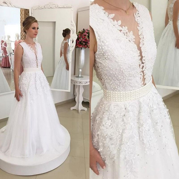 Elegant Jewel A-line Wedding Dresses Floor Length Appliques With Bow Buttons Lace Beadings Floor Length Bride Gowns