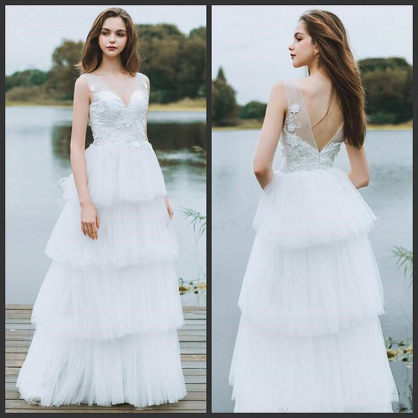 New Arrive A Line Wedding Dresses Deep V Neck V-back Appliques Bridal Gowns Tiered Skirts Tulle Wedding Dresses