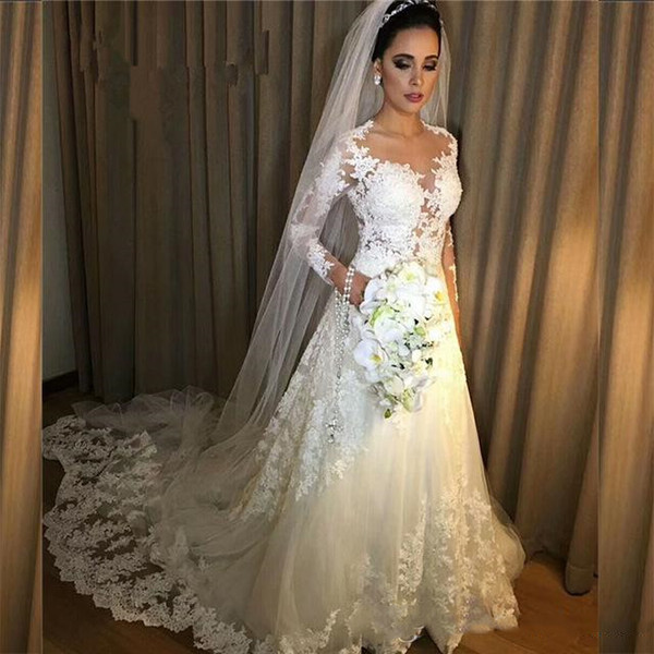 Stunning Long Sleeves Sheer Wedding Dresses Illusion See Through A-line Tulle Appliqued Lace Vintage Bridal Gowns Vestido De Noiva