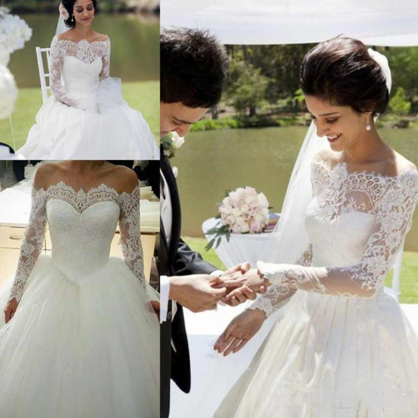 Elegant Off Shoulder Country Beach Wedding Dresses A Line Long Sleeves Lace Tulle Bridal Gown Custom Made