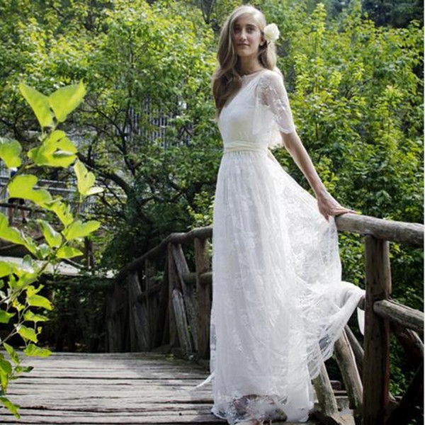 Romantic Bohemian Beach Lace Wedding Dresses Elegant Plus Size Floor Length Boho Wedding Bridal Gown Cheap