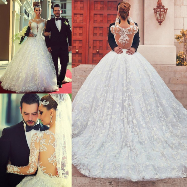 Middle East Wedding Dresses Long Sleeves Jewel Neck Applique A Line Custom Made Floor Length Lace Bridal Gowns Fast 