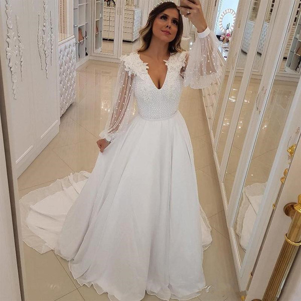 New Unique Design A Line Wedding Dresses Pearls Beaded V Neck Bridal Gowns With Long Sheer Sleeves Sweep Train Arabic Wedding Vestidos