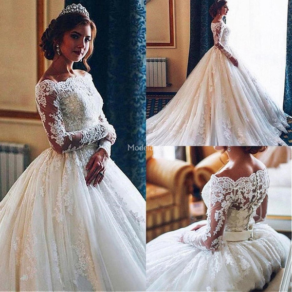 Luxury Lace Wedding Dresses Illusion Long Sleeves Sweep Train Castle Chapel Bridal Gowns Princess Ball Gown Country Church Vestidoe De Noiva