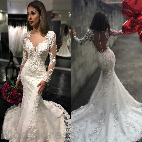 Vintage Long Sleeves Wedding Dresses Sheer Neckline Appliques Illusion Back Mermaid Sweep Train Bridal Gowns Vestido De Noiva Cheap