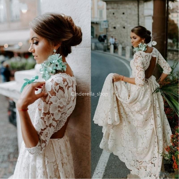 Full Lace Bohemian Wedding Dresses Half Sleeves Scoop Hollow Back Beach Country Bridal Gowns Sweep Train Vestido Novia