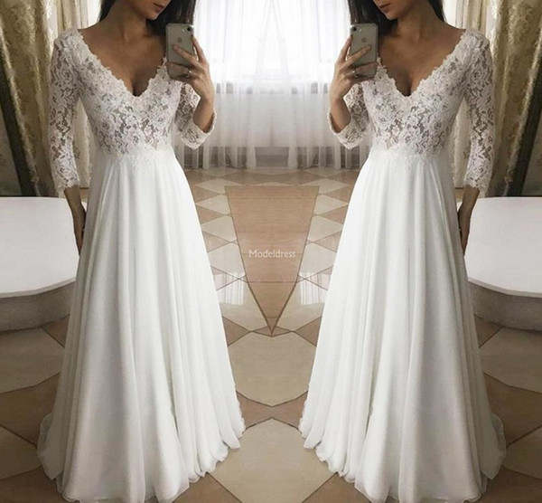 Arabric Lace Boho Wedding Dresses Deep V-Neck Long Sleeves A Line Sweep Train Elegant Garden Bridal Gown Modern Cheap Vestidoe De Noiva