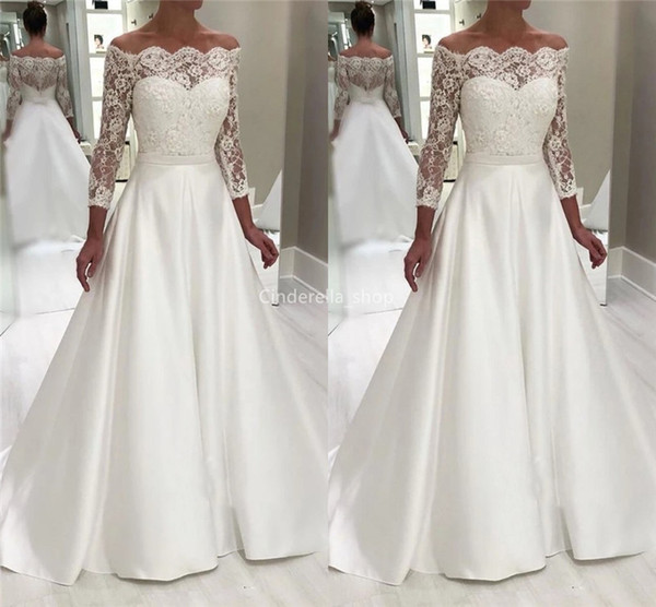 Elegant Lace Wedding Dresses 3/4 Long Sleeves Off The Shoulder Illusion Arabic Bridal Gowns A-Line Buttons Back Vestidos Novia