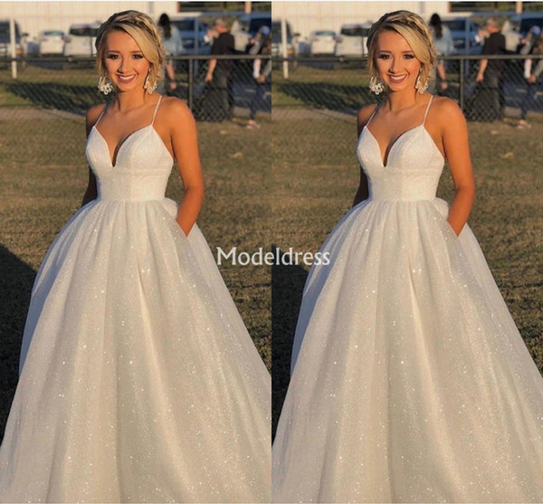 New Shiny Wedding Dresses For Bride V-Neck A Line Sweep Train Country Style Bridal Gowns With Pockets Simple Garden Vestidoe De Noiva Custom