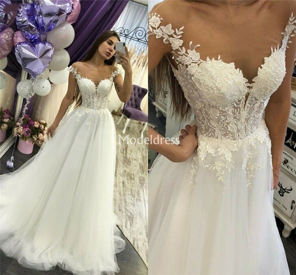 Bohemain Lace Wedding Dresses For Bride Sheer Neck Illusion Appliques Sweep Train Elegant County Bridal Gowns Beach Garden Vestidoe De Noiva