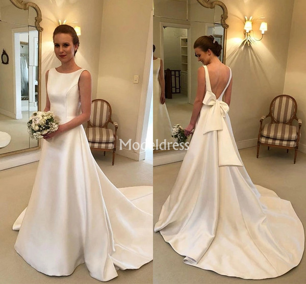 Elegant Wedding Dresses For Bride Jewel Neck Backless Big Bow Sweep Train Country Style Garden Bridal Gowns Cheap Vestidoe De Noiva Custom