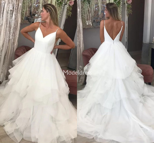 New Tiered Wedding Dresses V-Neck Backless A Line Sweep Train Simple Country Style Bridal Gowns Plus Size Vestidoe De Noiva Custom