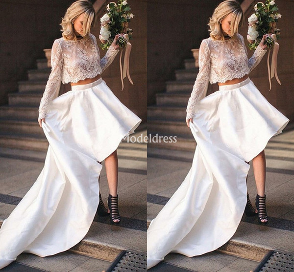 Bohemain Lace Wedding Dresses Jewel Neck Illsuion Long Sleeves Two Pieces High-Low Beach Garden Bridal Gown Country Church Vestidoe De Noiva