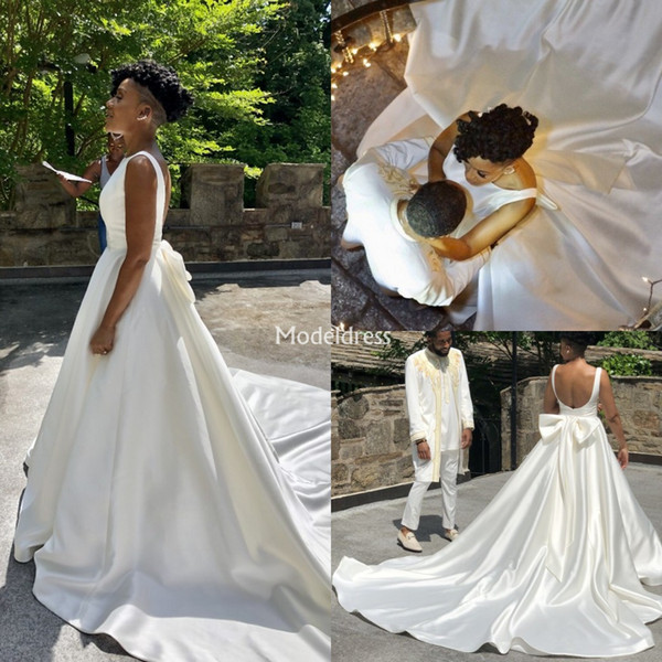 New Arabric Wedding Dresses Backless Bow A Line Court Train Black Girl Church Garden Bridal Gowns Plus Size Country Castle Vestidoe De Noiva