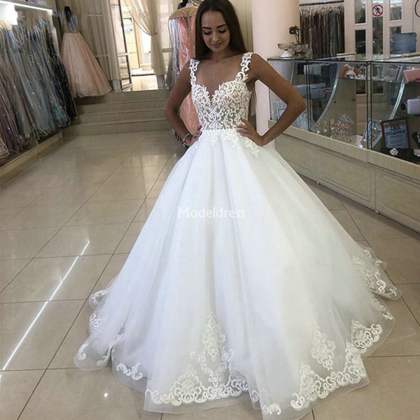 Romantic Wedding Dresses Sheer Neck Appliques Illusion Sweep Train Charming Castle Church Bridal Gown Country Style Garden Vestidoe De Noiva