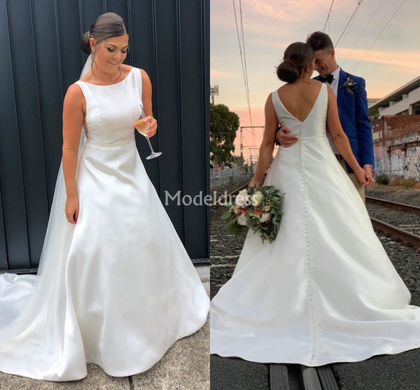 Simple Elegant Wedding Dresses Scoop Neck Backless A Line Sweep Train Country Style Garden Bridal Gown Cheap Church Chapel Vestidoe De Noiva