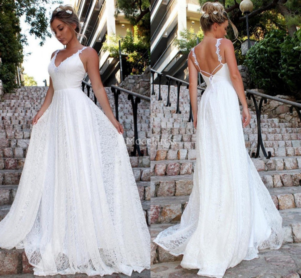 Gorgeous Boho Lace Wedding Dresses V-Neck Backless Sweep Train Chic Garden Beach Bridal Gowns Elegant Country Style Church Vestidoe De Noiva