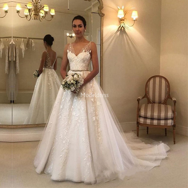 Luxury Wedding Dresses Sheer Neck Appliques Backless Illusion A Line Sweep Train Castle Chapel Bridal Gowns Country Church Vestidoe De Noiva