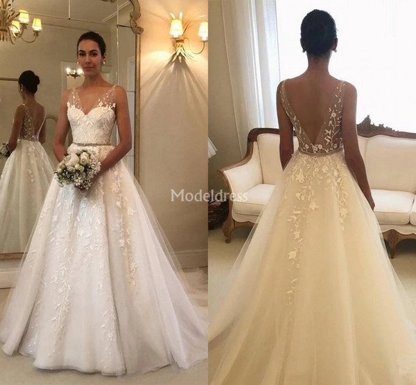 Charming Wedding Dresses Sheer Neck Appliques Backless Illusion Sweep Train Country Church Bridal Gowns Castle Chapel Vestidoe De Noiva