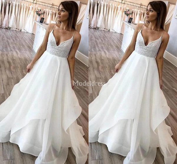 Modern Wedding Dresses Deep V-Neck Tiered A Line Sweep Train Sexy Garden Castle Bridal Gowns Chic Cheap Castle Church Vestidoe De Noiva