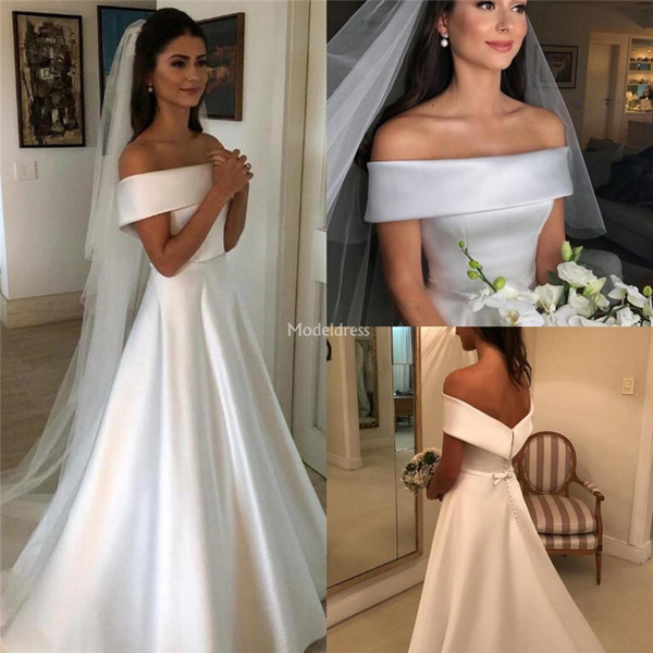 Simple Wedding Dresses Off Shoulder Backless Covered Button Bow Country Church Bridal Gown Elegant Plus Size Castle Chapel Vestidoe De Noiva