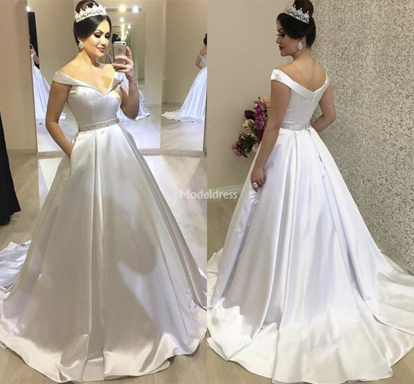 Arabric Wedding Dresses Off Shoulder Sweep Train Pockets Country Garden Bridal Gowns Plus Size Church Castle Chapel Vestidoe De Noiva Custom