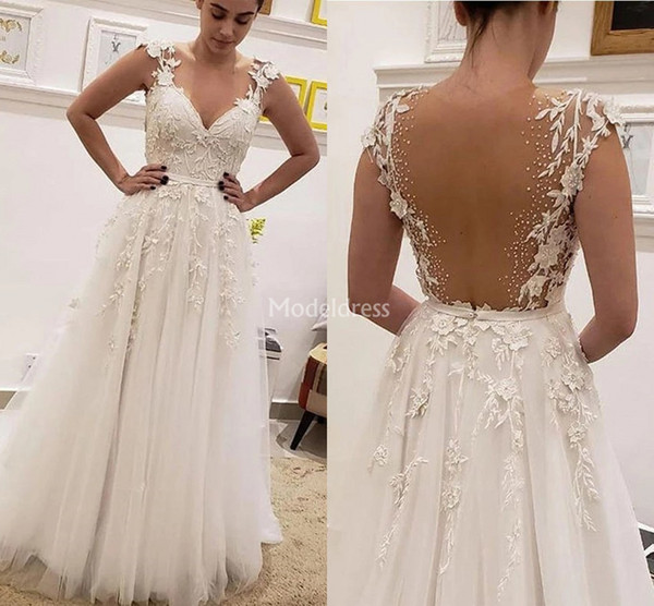 Charming Wedding Dresses Deep V-Neck Appliques Illusion A Line Sweep Train Church Castle Bridal Gowns Gorgeous Chapel Vestidoe De Noiva