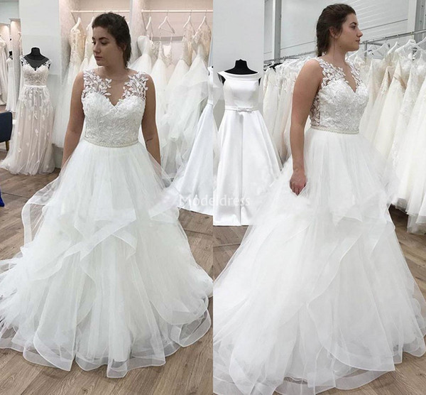 New Arrival Tiered Wedding Dresses Sheer Neck Applique Sweep Train Country Church Bridal Gown Plus Size Castle Chapel Vestidoe De Noiva