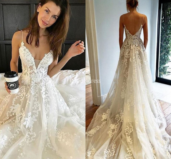 Stylish Lace Wedding Dresses Spaghetti Strap Backless Court Train Appliques A Line Vestidoe De Noiva Modern Elegant Castle Bridal Gowns