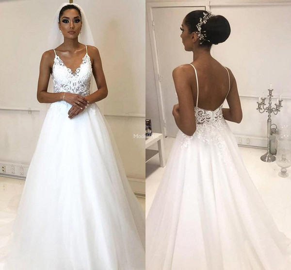 Arabric Lace Wedding Dresses Spaghetti Strap A Line Backless Appliques Black Girl Castle Bridal Gowns Plus Size Cheap Vestidoe De Noiva