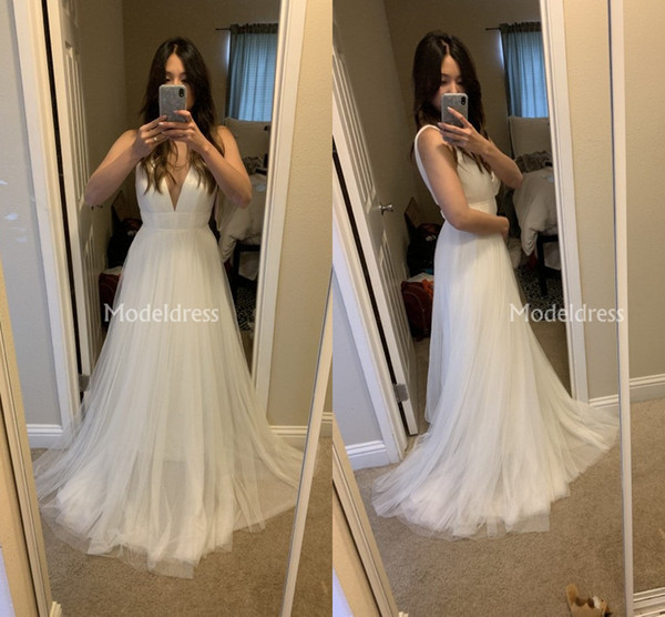 Bohemain Wedding Dresses Deep V-Neck Sweep Train Tulle Simple Castle Garden Beach Bridal Gowns Cheap Plus Size Vestidoe De Noiva Custom