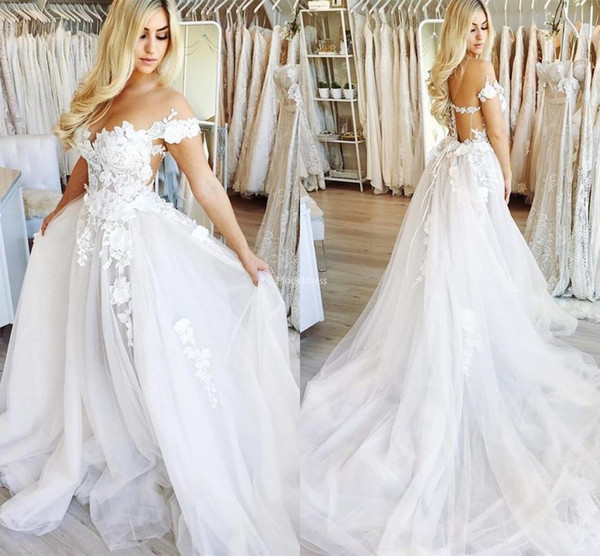 Gorgeous Wedding Dresses Off Shoulder Hand Made Flowers A Line Sweep Train Appliques Castle Bridal Gowns Modern Cheap Vestidoe De Noiva